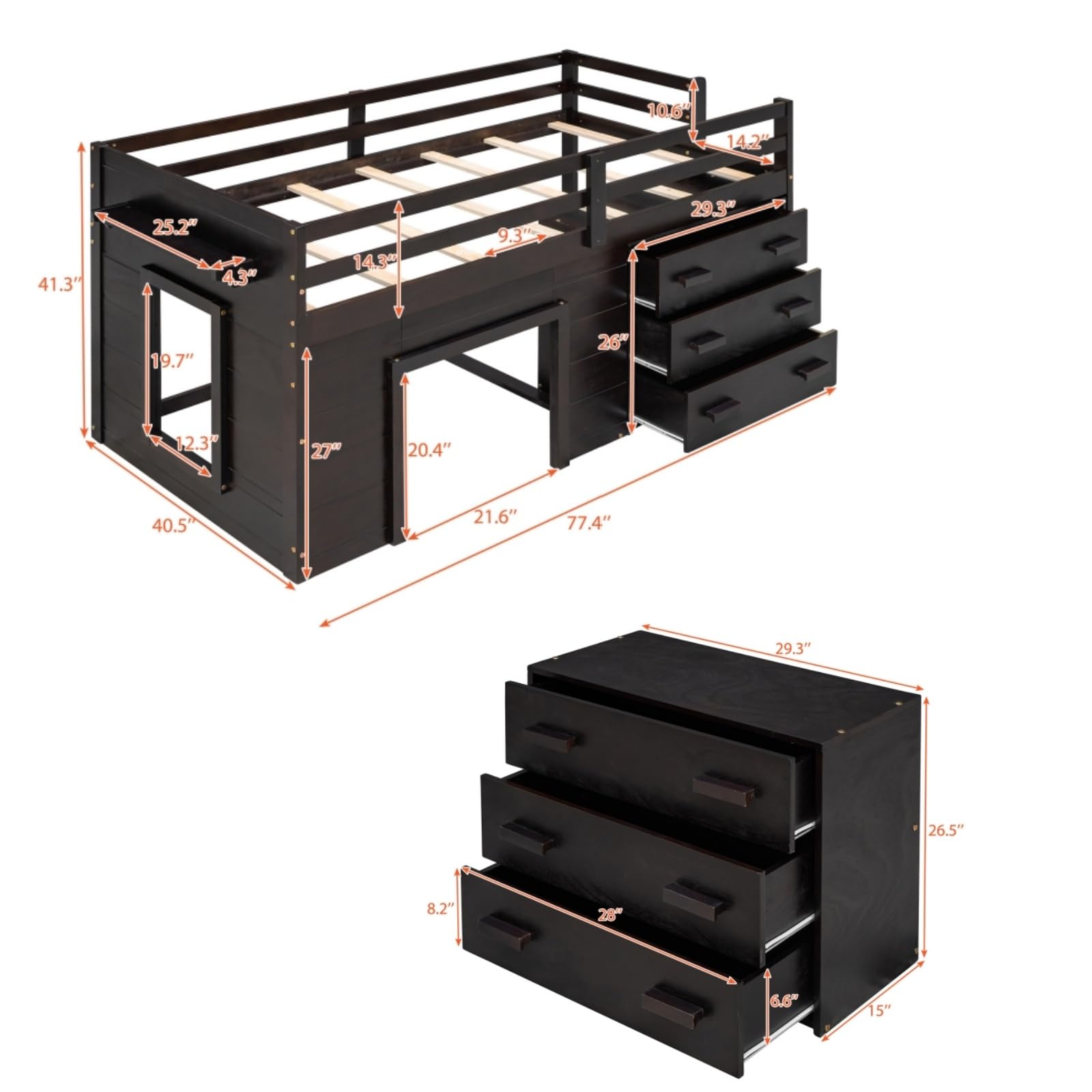 Merax Twin Wooden Loft Bed，Wood Bedframe for Kids Teens， Adults Bedroom with Cabinet, Shelf, Stairs, Espresso