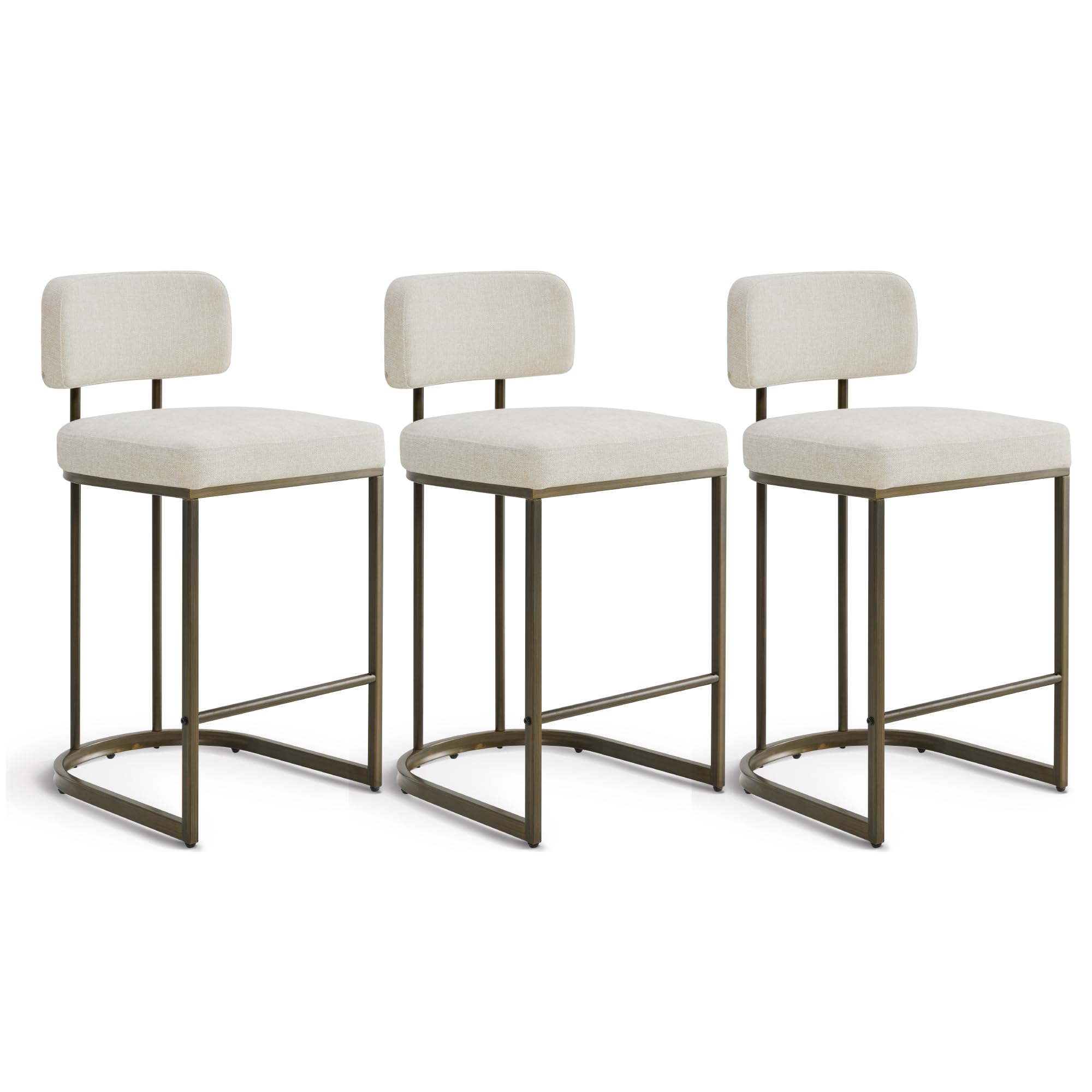 26" H Counter Height Bar Stools Set of 3, Modern Linen Fabric Upholstered Barstools with Backrest for Kitchen Island, Gold Metal Frames, Linen