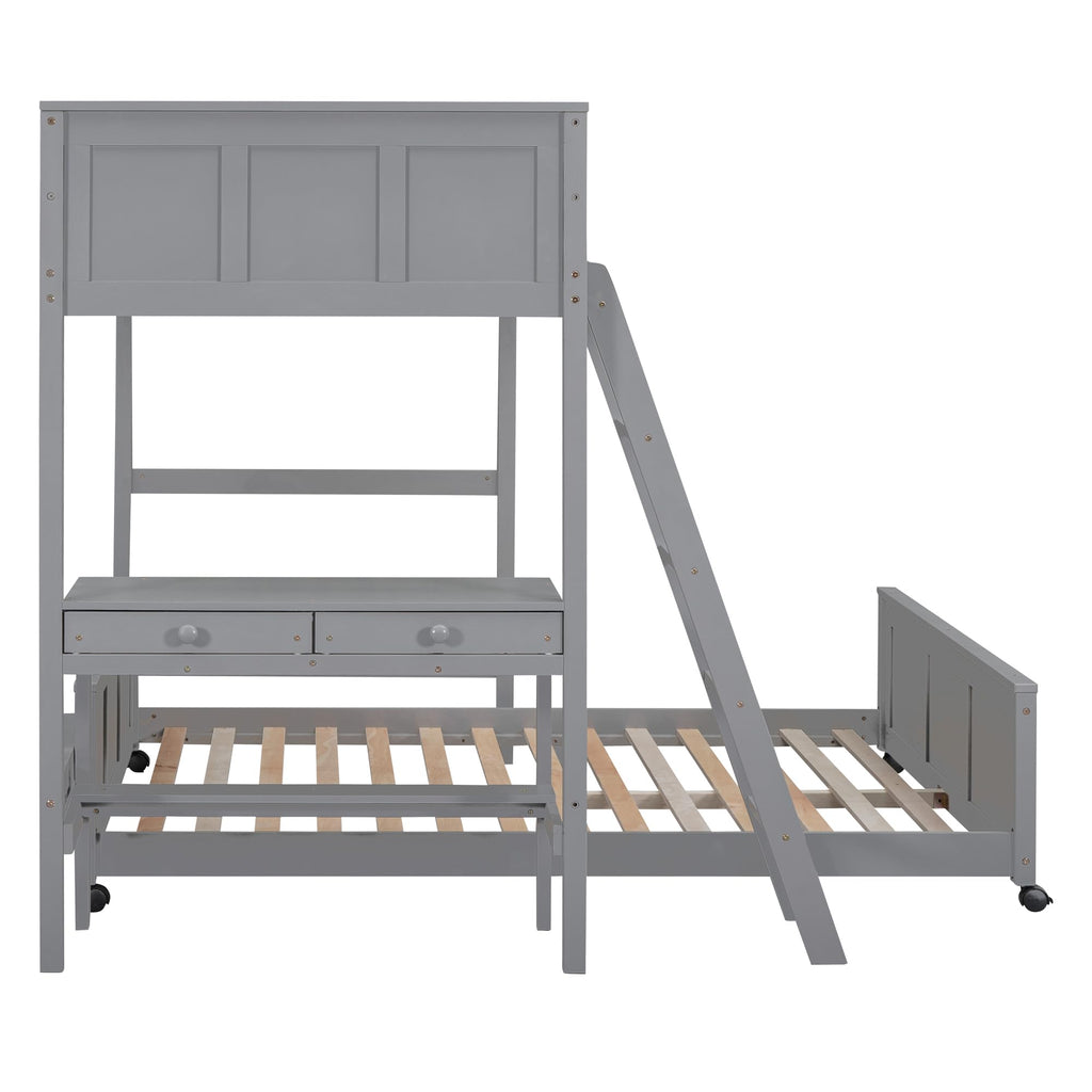 Merax Twin Over Full Bunk Bed with Desk,Wood Loft Bed Frame Saving Space for Boys,Girls,Teens,Grey