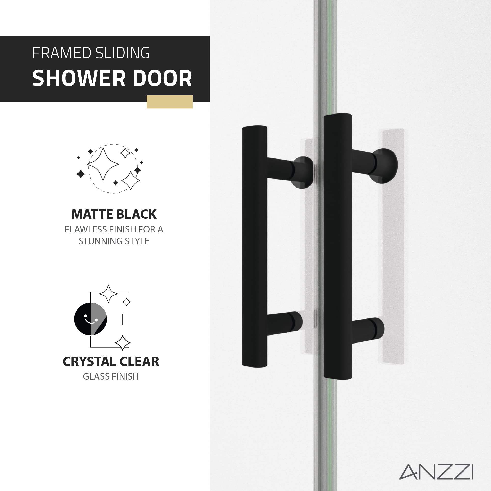 ANZZI 70-in x 60-in. Framed Double Sliding Shower Door, Resistance Free Hinges for Smooth Opening and Closing, Clear Tempered Glass in Matte Black Finish (SD-AZ15-01MB)