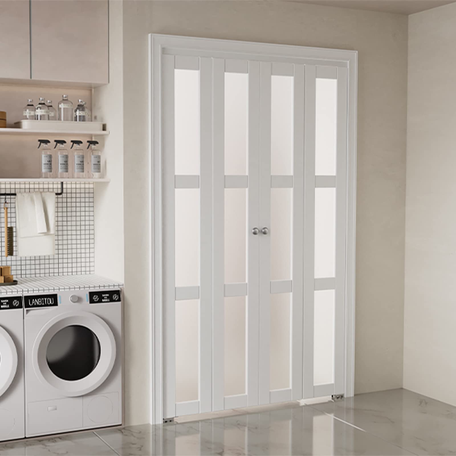 BARNER HOME Bifold Doors for 60"x80" Opening, Tempered Frosted Glass Folding Closet Doors with Concealed Hardware Kit, Preassembled White Bifold Barn Door for Pantry