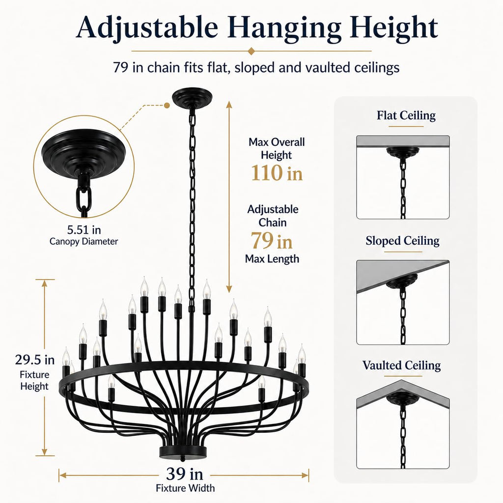 Shandaglo Large Black Chandelier 24-Light, Round 3-Tier Wagon Wheel Fixture, 39 in Farmhouse Candle Pendant with E12 Base for Dining Room, Foyer, Living Room, Hallway, High Ceiling