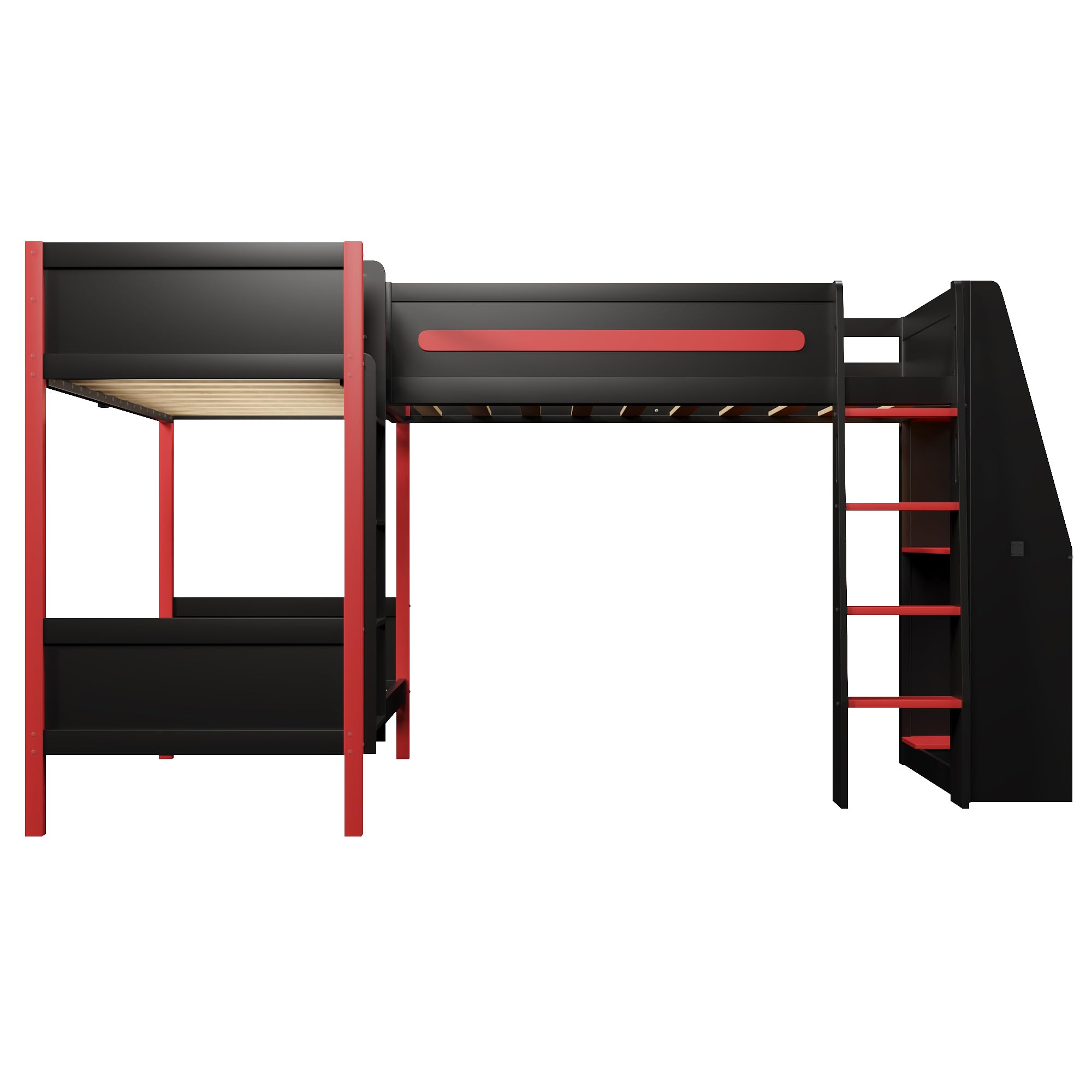 Merax L-Shaped Twin Size Triple Bunk Bed for 3 People, Wood Gaming Loft Bed with Built-in Desk, Shelves, Lights and Full-Length Guardrails, Black+Red