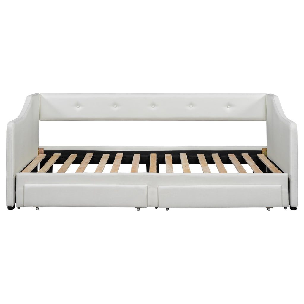 Twin XL to King Size Upholstered Daybed with Linen Fabric, 2 Storage Drawers, Extendable Platform Bed with Foam-Padded Back and Armrests, Sturdy Pine and MDF Frame, Sofa Bed for Users, Beige