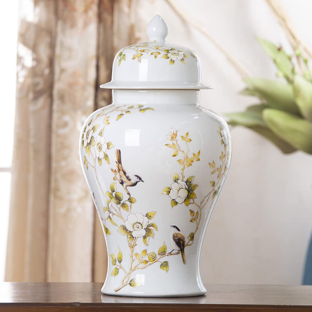 ZHOUXIAO White Ceramic Ginger Jar with Lid for Home Decor,Traditional Chinese Flowers and Birds Temple Jar, Jingdezhen Handcrafted Porcelain Vase Centerpiece Decor L