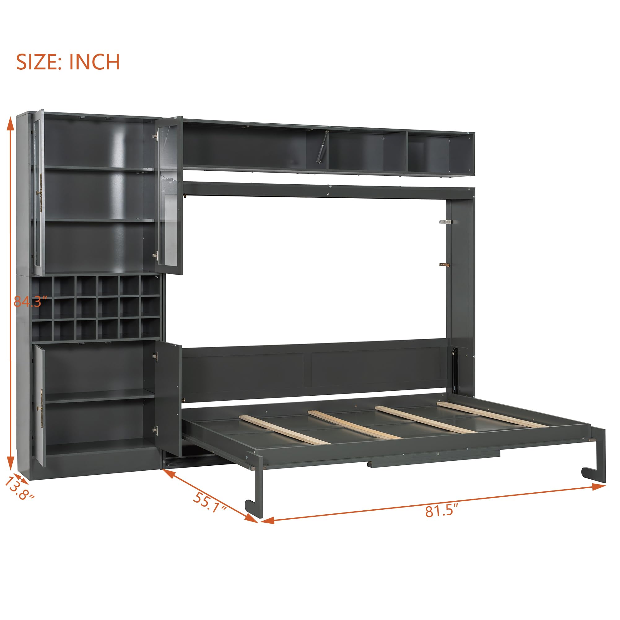 Merax Queen Size Murphy Bed Wall Bed with Sofa, Shelves, USB & Light - Space Saving Foldable Bed for Small Apartments, Grey