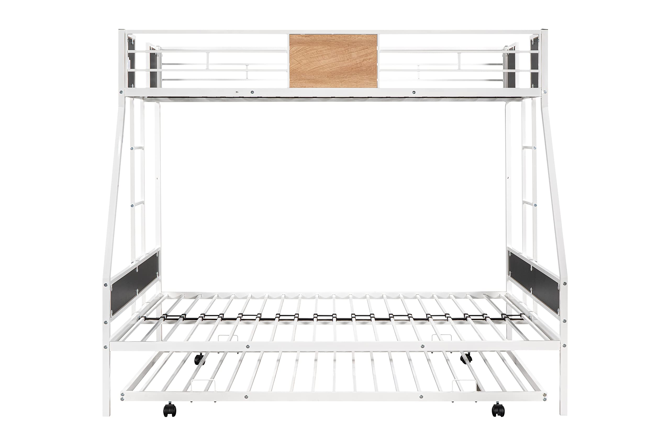 PVWIIK Twin Over Full Bunk Bed with Trundle,Heavy-Duty Sturdy Bedframe with Safety Guardrail & Ladder for Kids Boys Girls Teens,Space Saving Design & No Box Spring Needed,White