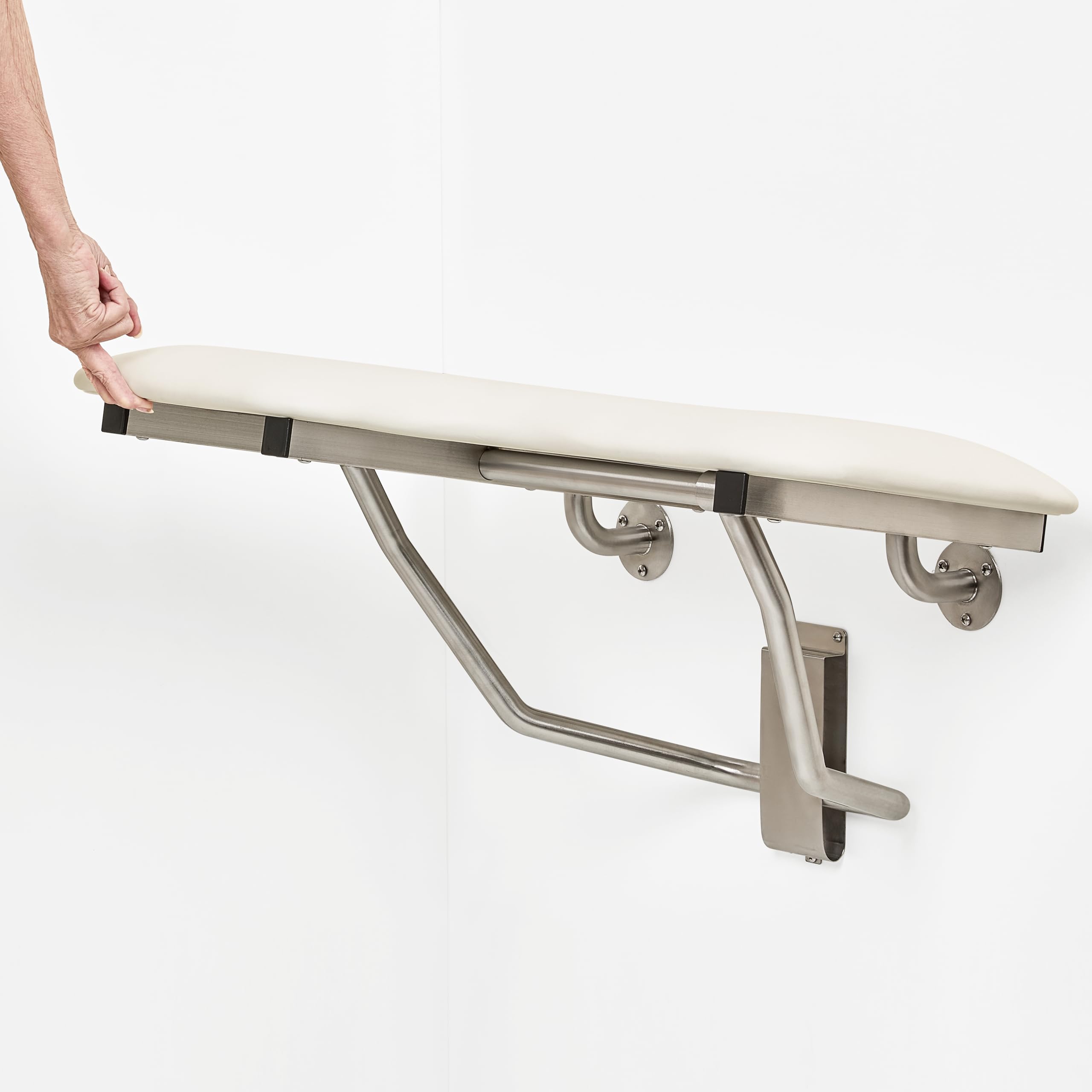 Seachrome Lift-Assist Shower Seat, L-Shaped Right-Hand, ADA, Wall Mount, Padded White Naugahyde
