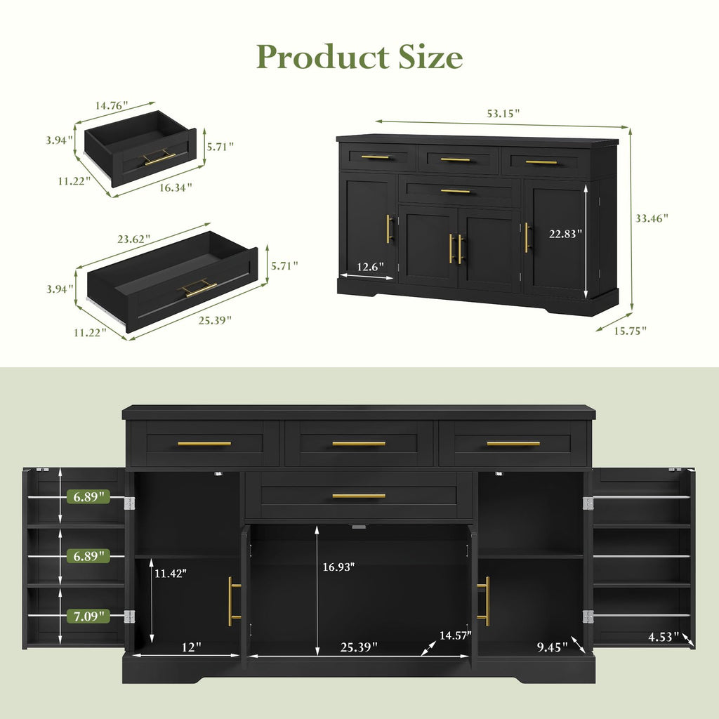 Concho 54" Buffet Cabinet with Storage, Kitchen Sideboards Small Coffee Bar Cabinet with 4 Drawers, Modern Kitchen Storage Cabinet for Living Room, Jet Black
