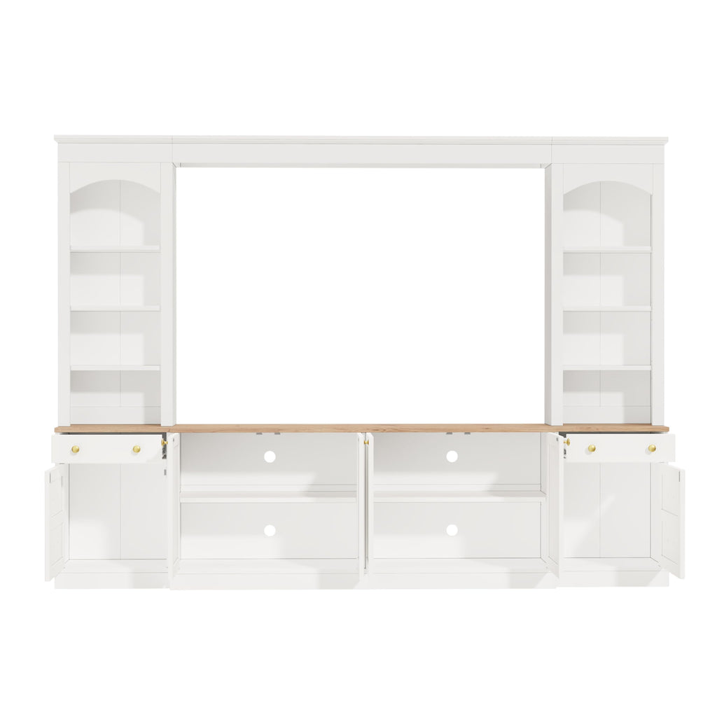 Merax Farmhouse 106-Inch Arched Entertainment Wall Unit Set with Adjustable Shelves, TV Stand for Televisions Up to 70'', Mid-Century Large Media Console with Drawers for Living Room, White