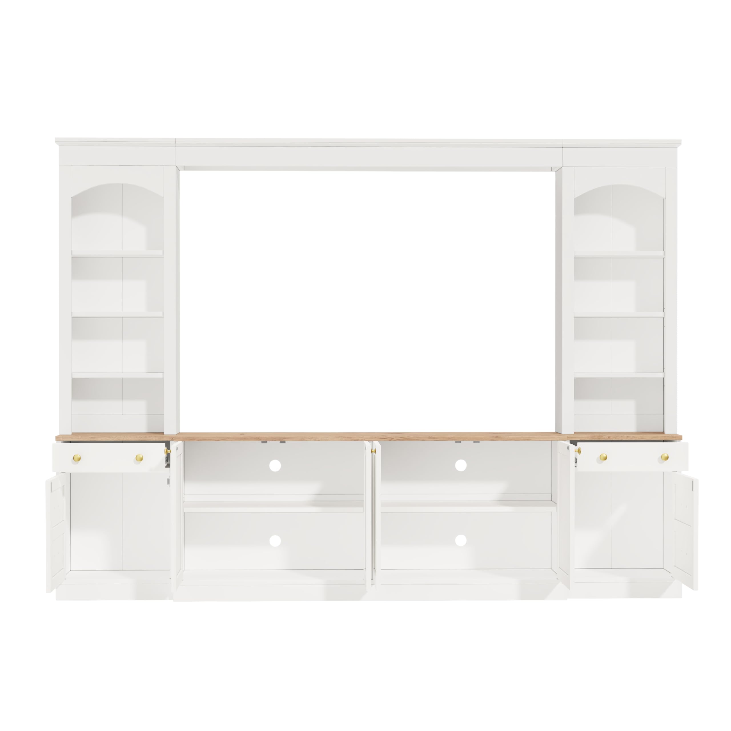 Merax Farmhouse 106-Inch Arched Entertainment Wall Unit Set with Adjustable Shelves, TV Stand for Televisions Up to 70'', Mid-Century Large Media Console with Drawers for Living Room, White