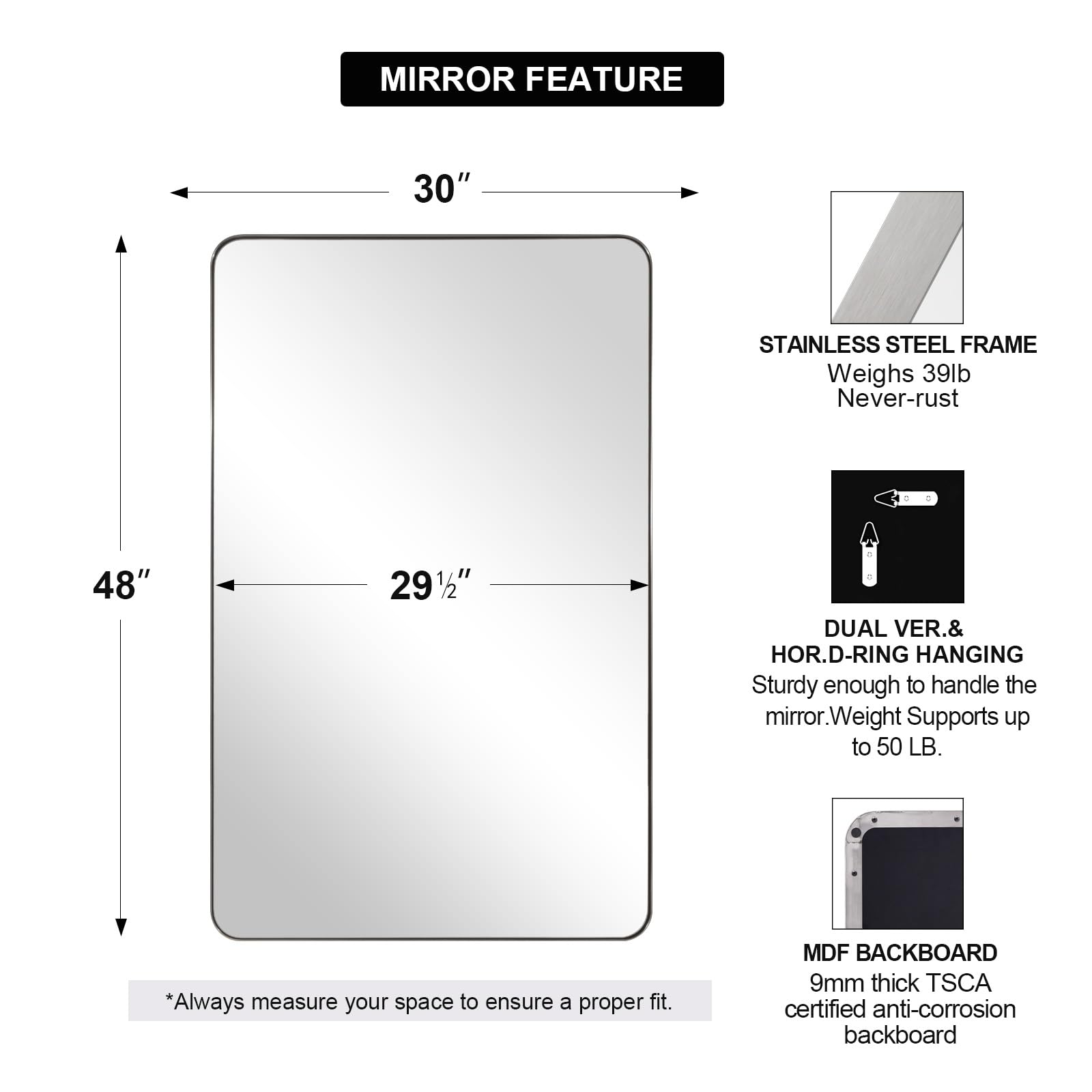 ANDY STAR 30"x48" Brushed Nickel Bathroom Mirror, Large Wall Mirror for Bathroom, Rounded Rectangle Mirror in Premium Stainless Steel Metal Frame Hangs Horizontal Or Vertical