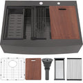 VC CUCINE 33x22 Inch Drop In Gunmetal Black Farmhouse Sink, 16 Gauge Stainless Steel Single Bowl Apron Front Workstation Farm Sink With Accessories