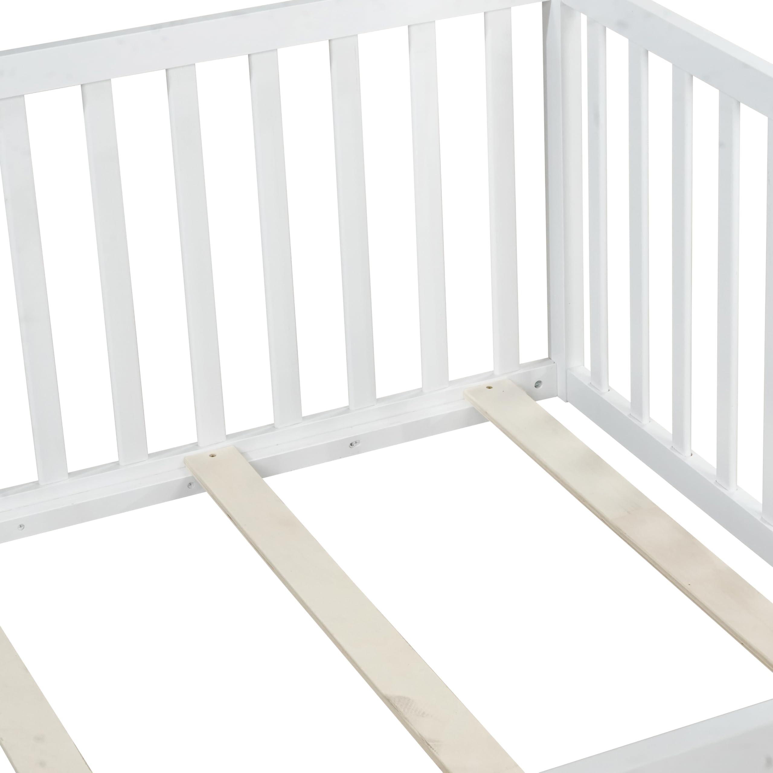 KEIKI Full Floor Bed with 21.5" Safety Guardrails & Door, Kids Floor Bed Frame with 6 Slats, Solid Wood Montessori Bed for Toddler Bedroom, White