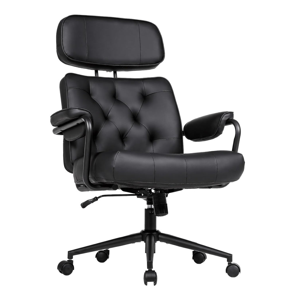 Mid Century Modern Home Office Desk Chair, Ergonomic Office Chair Big and Tall, High Back Executive Office Chair Leather Extra Wide, Computer Chair Comfy, Adjustable Height Rolling Chair, Black