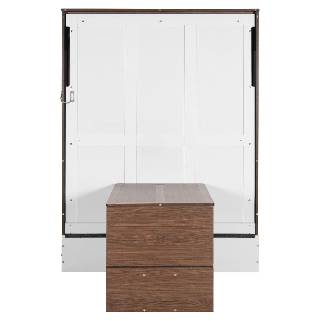 Merax Full Size Murphy Bed with Foldable Desk,Space Saving Wall Bed,Solid Wood Foldable Hidden Platform Bedframe for Home,Bedroom,Office,Small Room,Apartment,Walnut+White