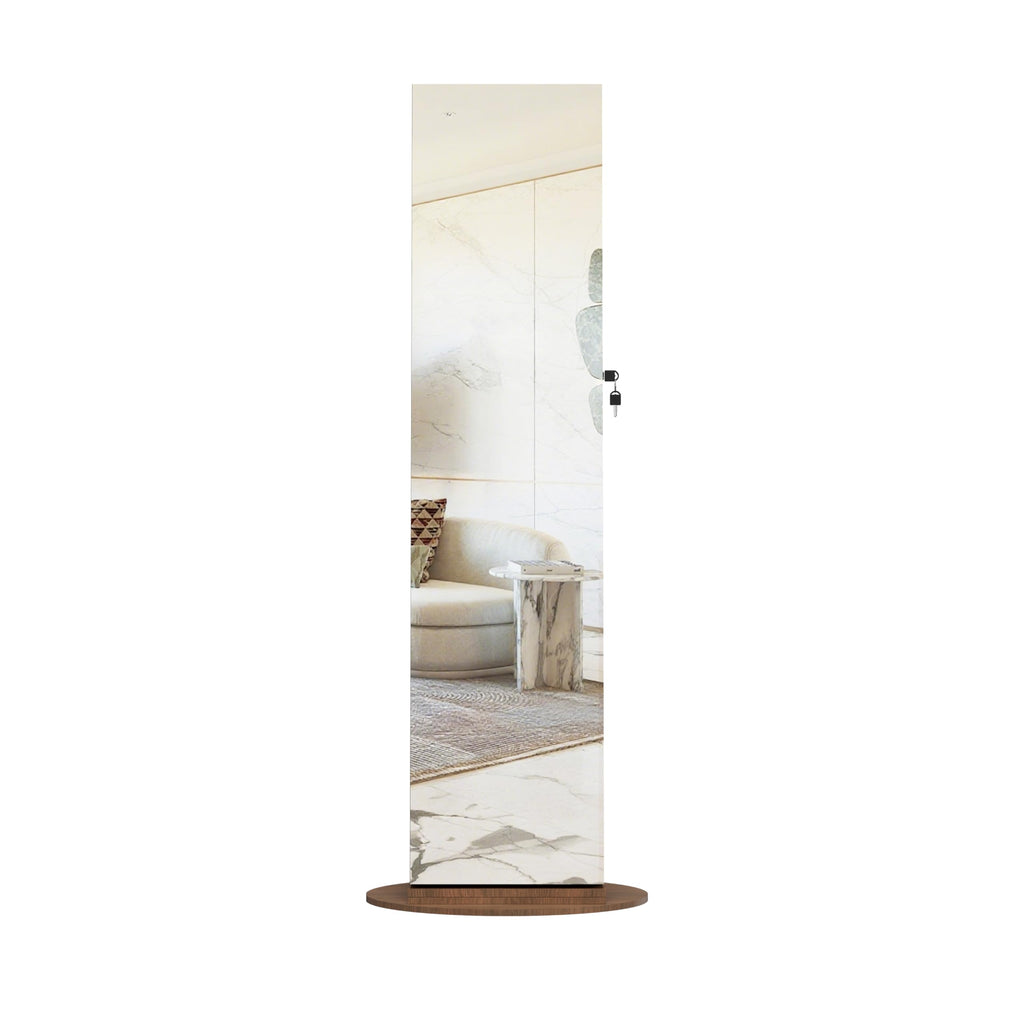 KEIKI 360°Swivel Jewelry Armoire with Full Length Mirror, 62.3" Rotating Standing Jewelry Armoire Organizer, Lockable Storage Cabinet, Interior Lighted Mirror, Walnut
