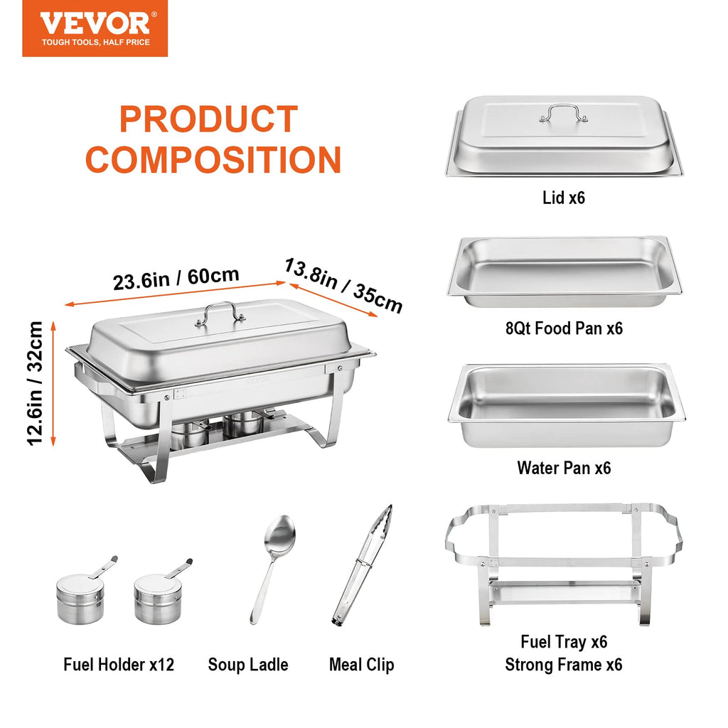 VEVOR Chafing Dish Buffet Set, 8 Qt 6 Pack, Stainless Chafer with 6 Full Size Pans, Rectangle Catering Warmer Server with Lid Water Pan Folding Stand Fuel Holder Tray Spoon Clip, at Least 8 People Eac