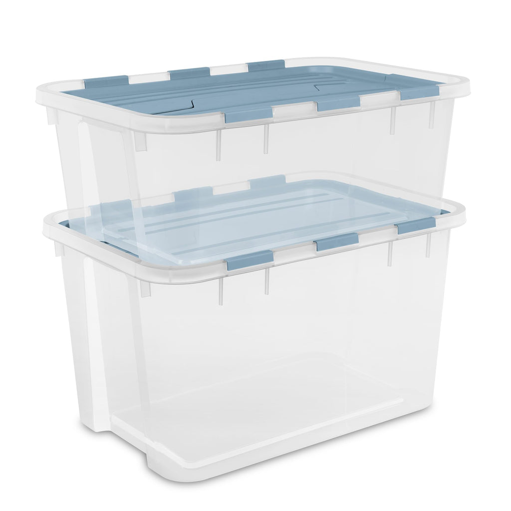 Sterilite 24 Pack Hinged Lid Storage Box, 60 Qt Plastic Container, Washed Blue - Home Organizer Tote for Storing Shoes, Crafts, Clothing, or Decor