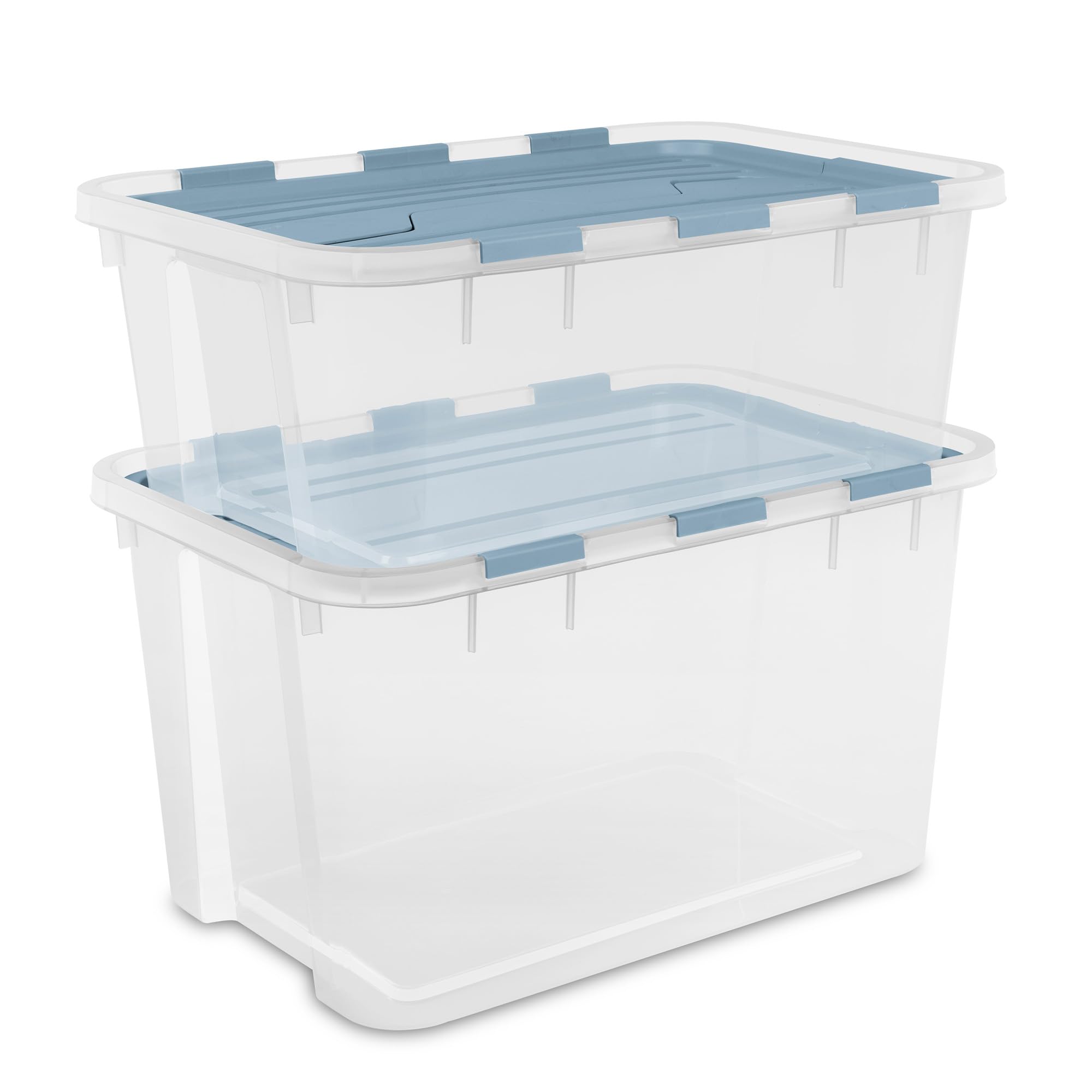 Sterilite 24 Pack Hinged Lid Storage Box, 60 Qt Plastic Container, Washed Blue - Home Organizer Tote for Storing Shoes, Crafts, Clothing, or Decor