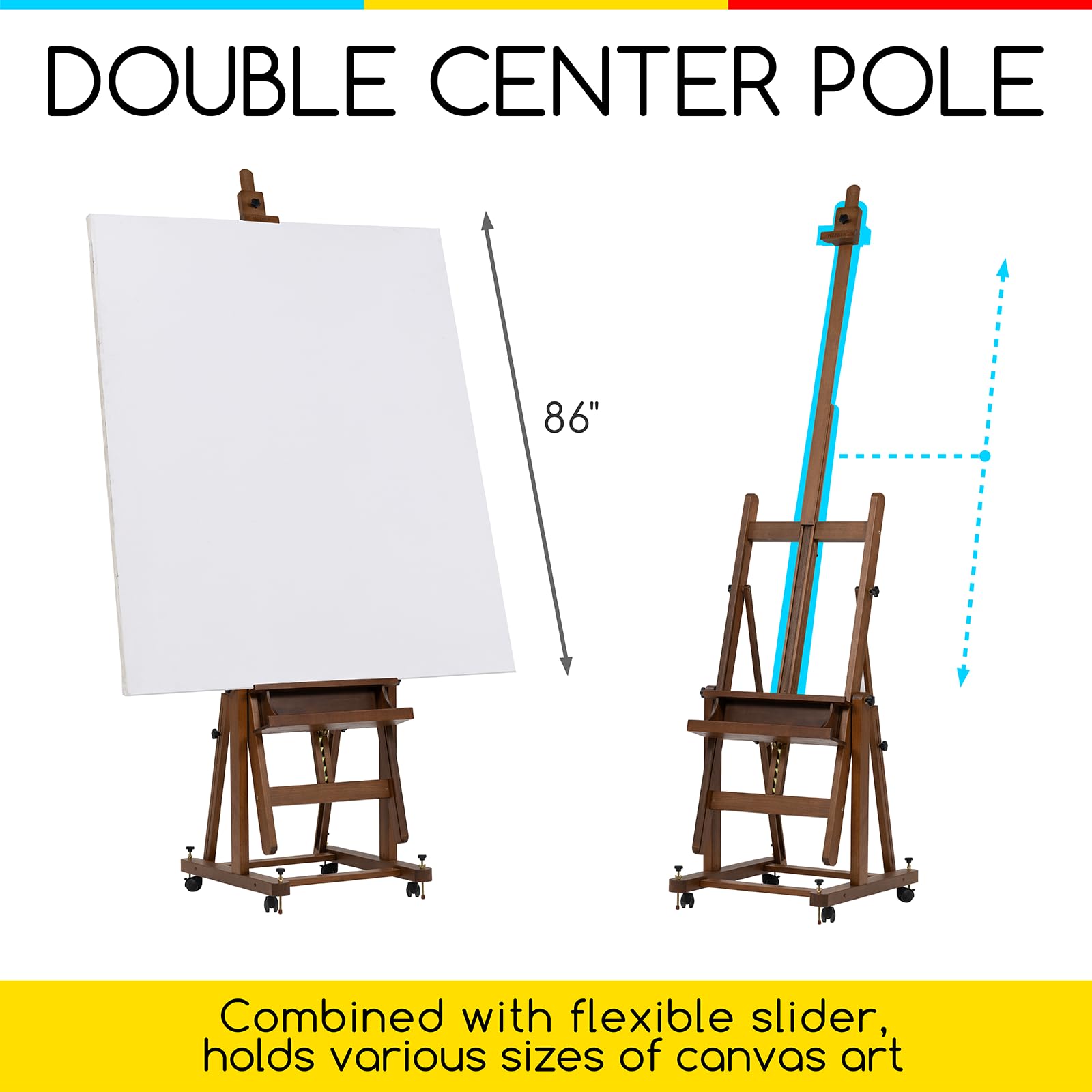 MEEDEN Enlarged Heavy-Duty H-Frame Easel: Artist Solid Beech Wooden Studio Easel - Professional Painting Art Easel Stand with 4 Lockable Wheels & Leveling Bolts - Hold Canvas up to 86" H,Walnut