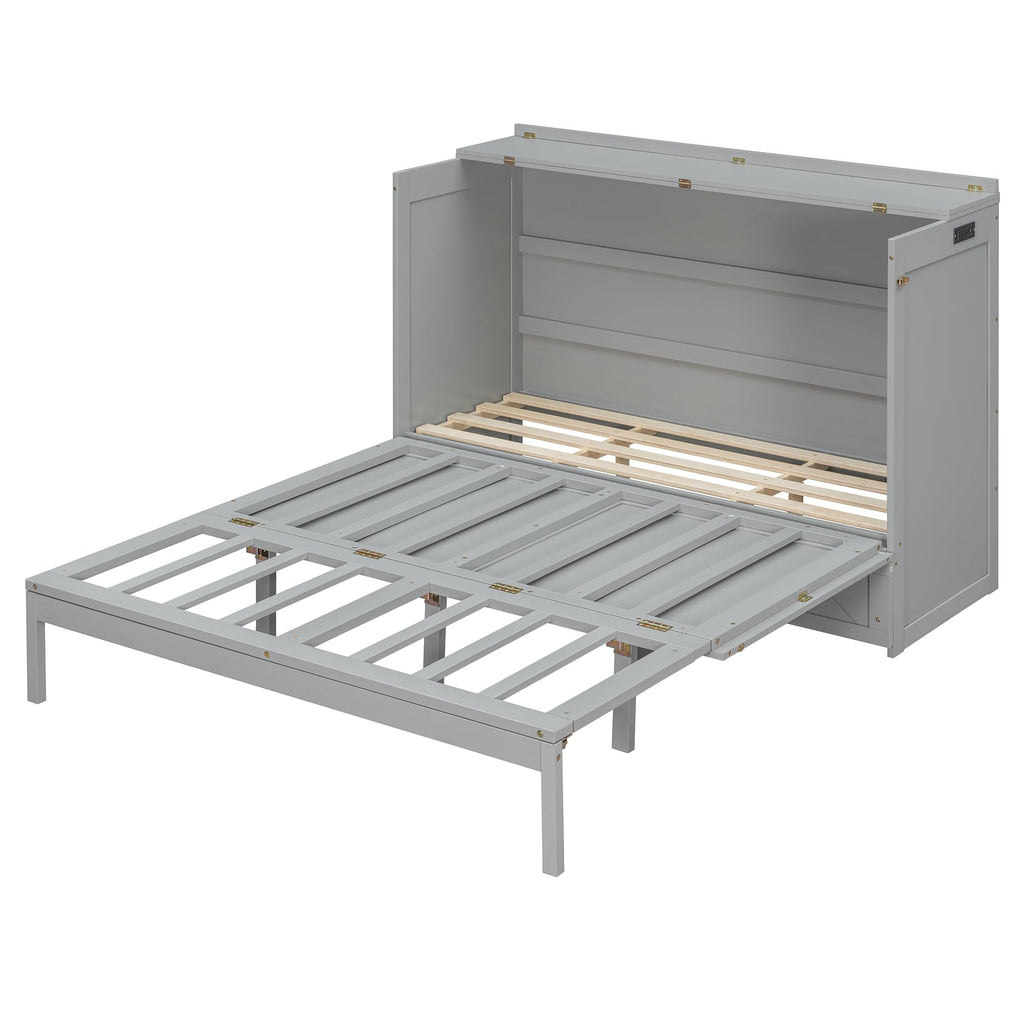 Merax Queen Size Murphy Cabinet Bed with Storage Drawers, Wall Murphy Bed with a Set of Sockets & USB Ports, Folding Platform Bed for Small Room