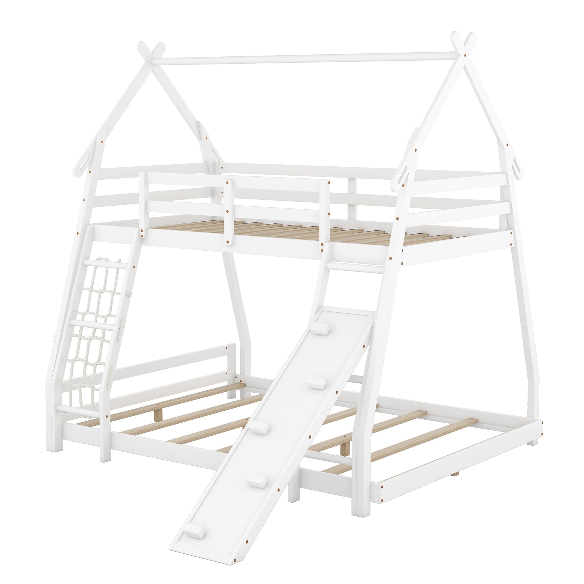 Bellemave Bunk Bed Twin Over Queen with Slides and Stairs, House Bunk Bed with Climbing Nets and Climbing Ramp for Kids, Teens, White