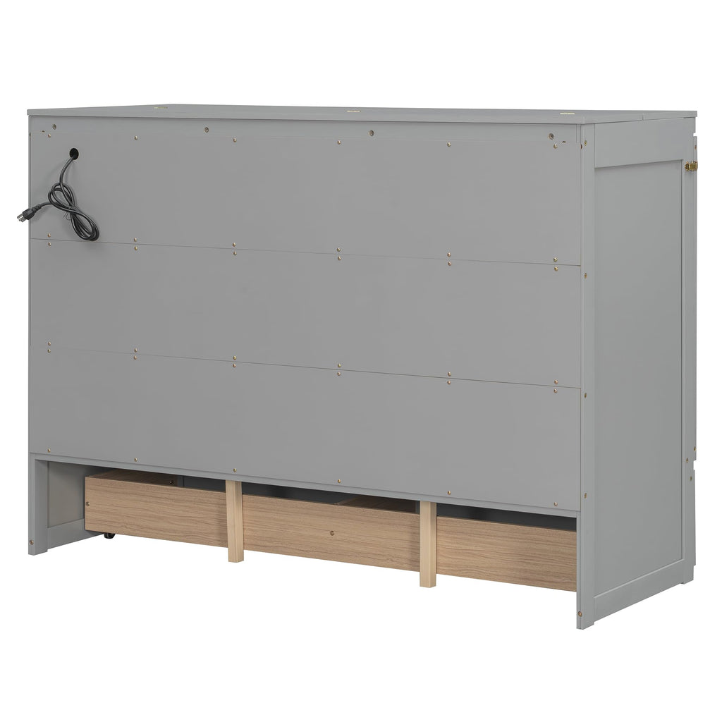 Merax Queen Size Murphy Cabinet Bed with Storage Drawers, Wall Murphy Bed with a Set of Sockets & USB Ports, Folding Platform Bed for Small Room
