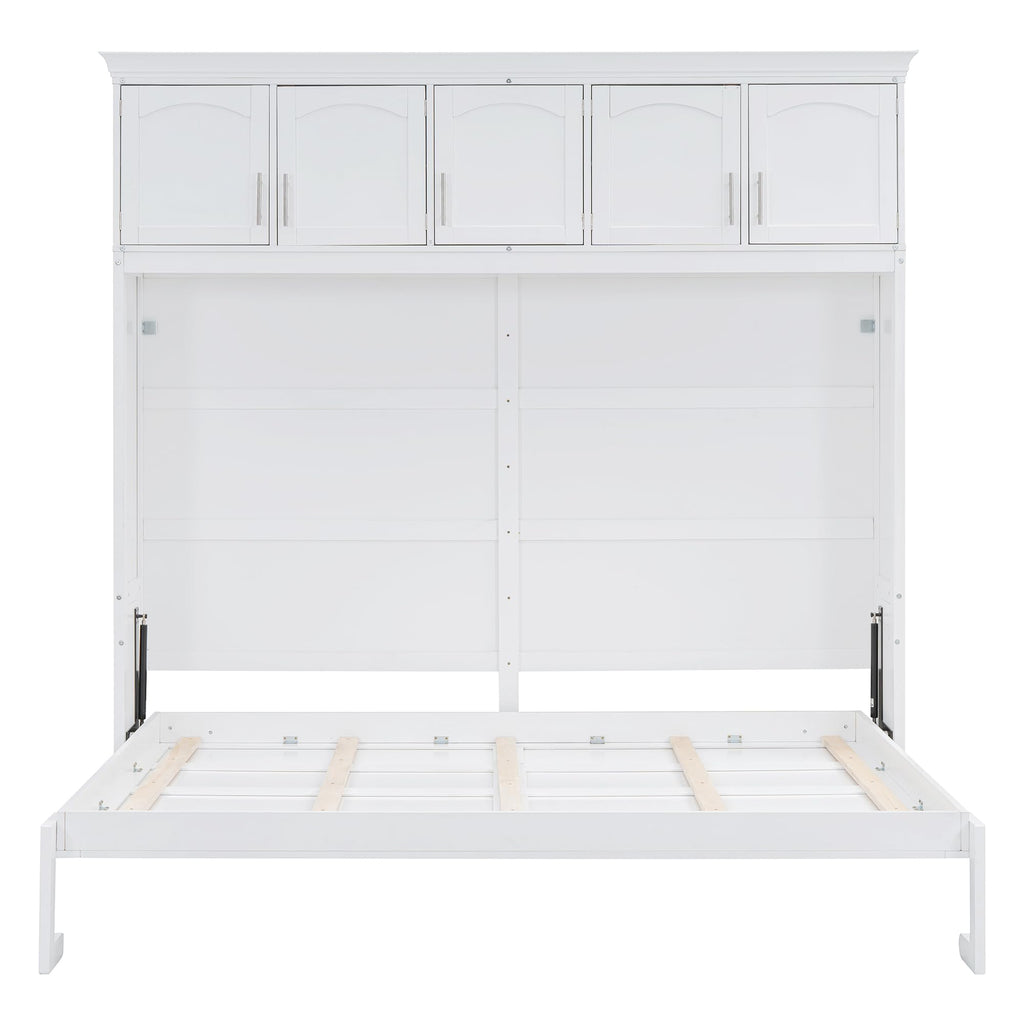 Merax Modern Farmhouse Solid Wood Murphy Bed Chest with Top Cabinets, Tall Wall Platform Bed Space Saving/Wood Slat Support Full,White