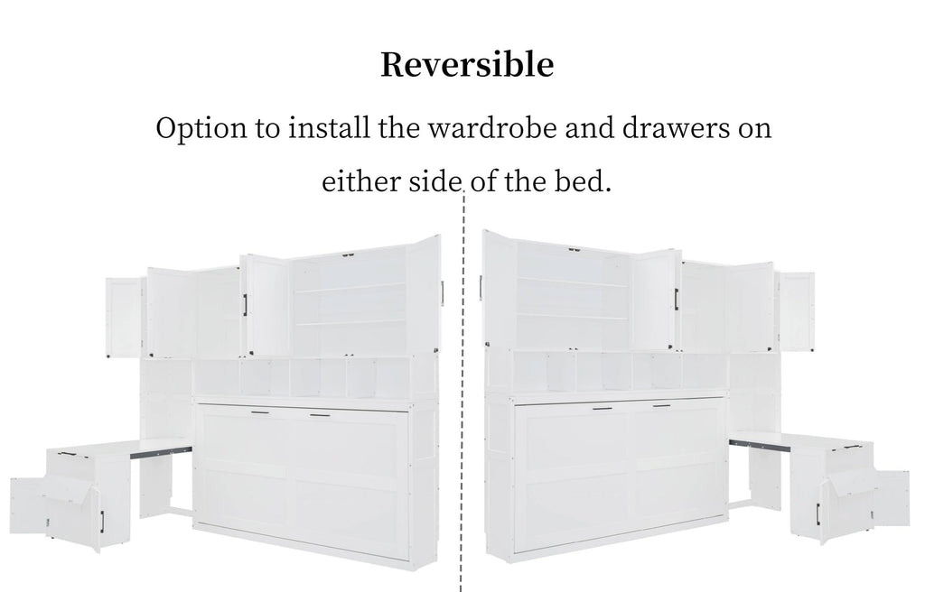 Merax 90.4"H Twin Size Murphy Bed Cabinet With Built-in Desk, Storage Closet, Drawers & Shelves, Wood Foldable Hidden Wall Platform Bedframe For Home, Bedroom, Small Room, Apartment, Reversible, White