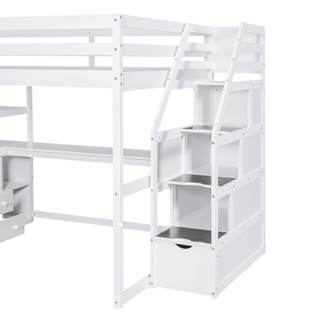 Brisca Full Size Loft Bed with Desk and Shelves,Multifunctionl Bedroom Bed Frame w/Two Built-in Drawers & Storage Staircase,Solid Wood Slats Support,for Kid Adult Boy Girl Teens,White