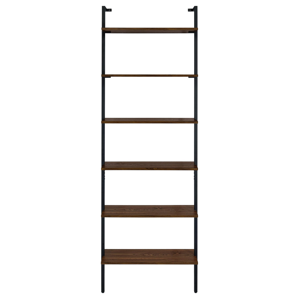 Coaster Home Furnishings - Owens - Wood and Metal - 6-Shelf Wall Mounted Bookshelf with Ladder Design and Transitional Style - Home Office & Living Room - 96-Inch - Walnut & Black - 980072