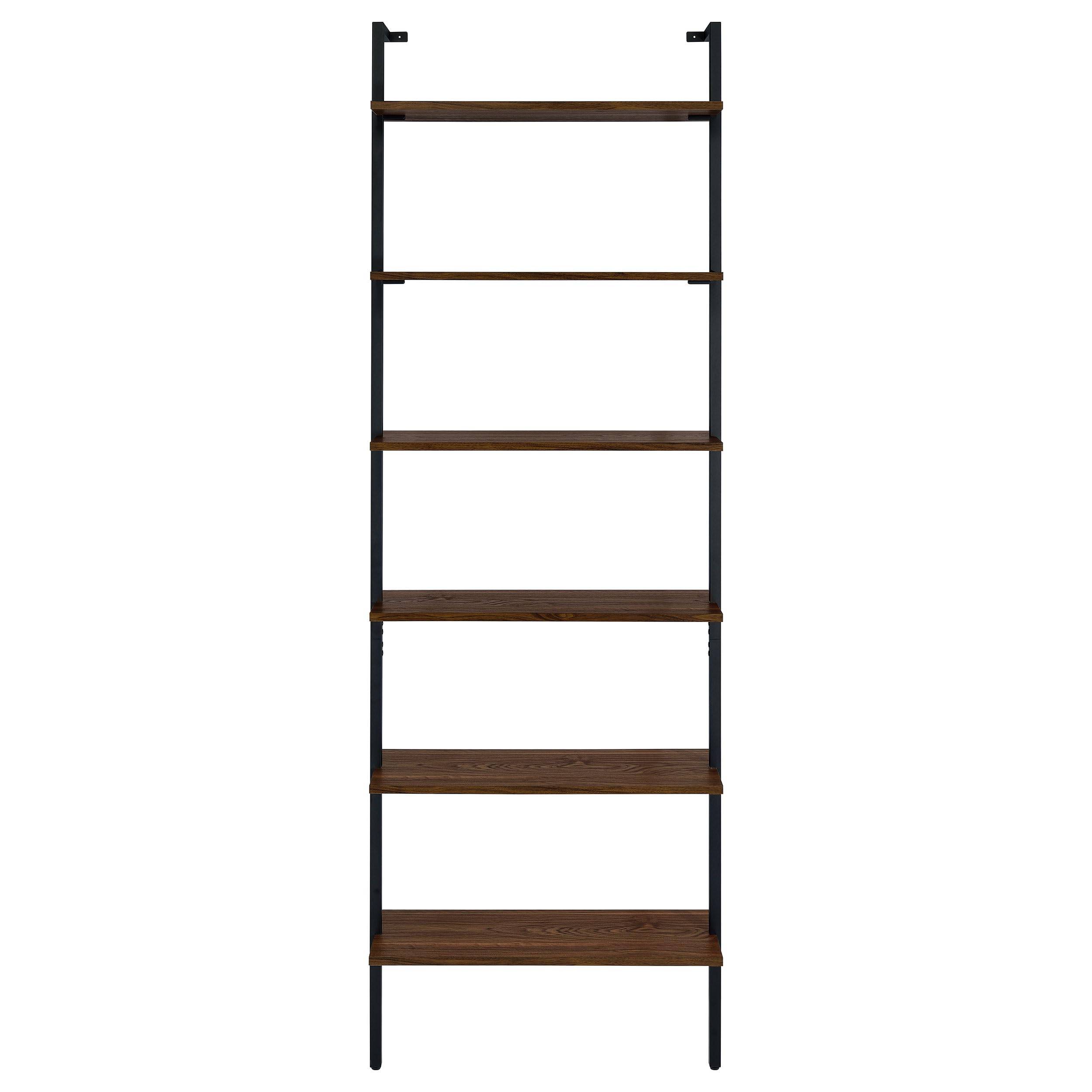 Coaster Home Furnishings - Owens - Wood and Metal - 6-Shelf Wall Mounted Bookshelf with Ladder Design and Transitional Style - Home Office & Living Room - 96-Inch - Walnut & Black - 980072