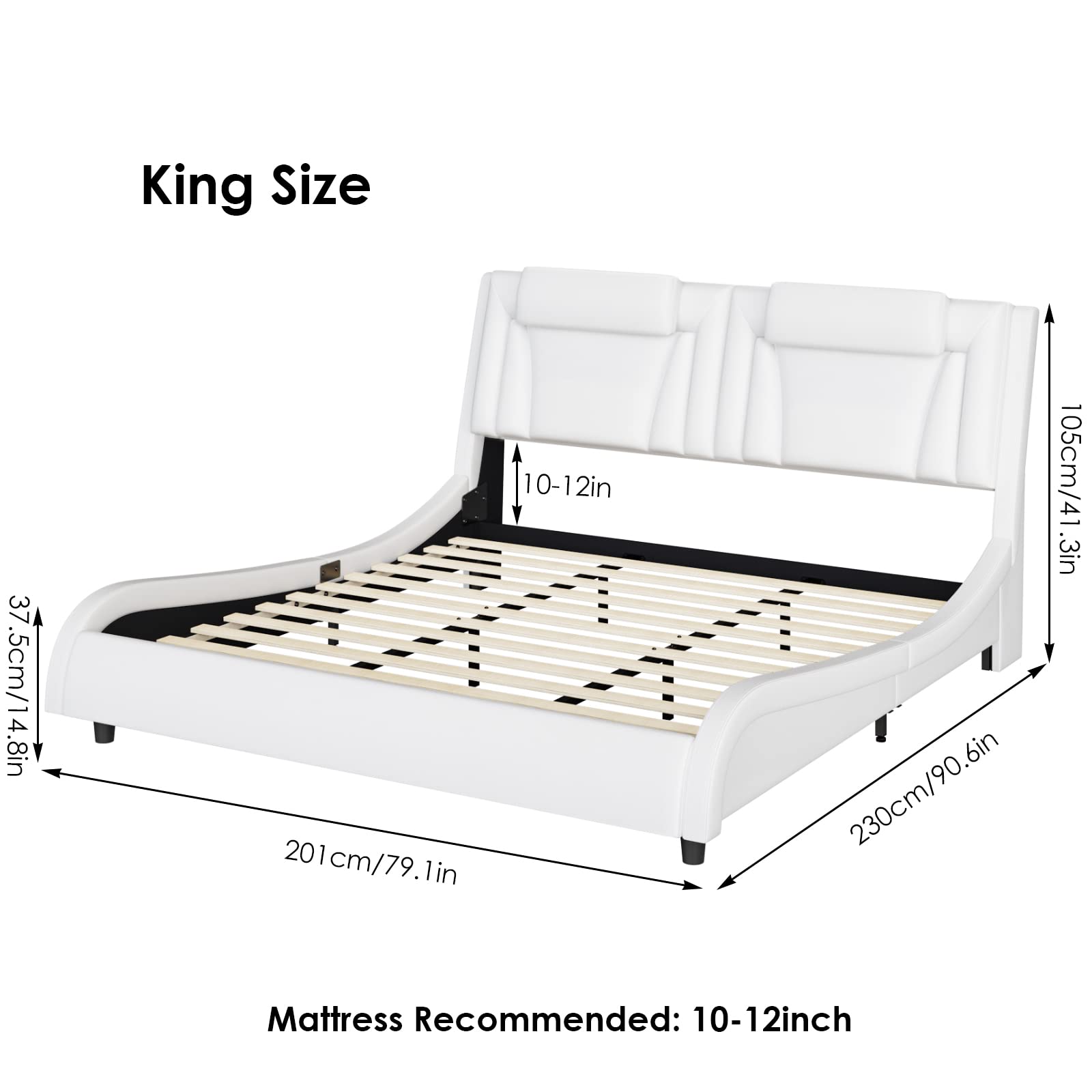 Keyluv King Size LED Bed Frame with Adjustable Headboard & Removable Pillow, PU Leather Upholstered Platform Bed, Wave-Like Curve Safety Design, Solid Wooden Slats Support, Easy Assembly, White