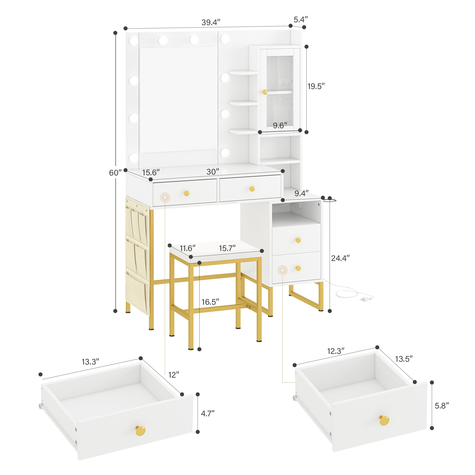 NUNU LAB Morden Makeup Vanity Desk with Mirror, Bedroom Dressing Table Set with Storage Shelf and 5 Drawers, Large Vanity Table with 10 LED Lights for Women, Girls, Teens
