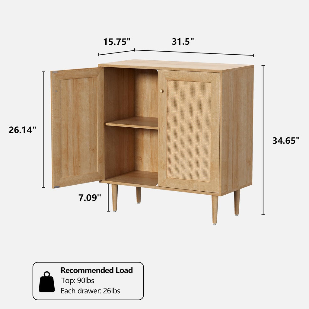 MoomJiee Rattan Door Storage Cabinet with Adjustable Shelves, Set of 2 New Wood Buffet Cabinet with Magnetic Design, Large Buffet Sideboard for Kitchen Living Room, Natural Oak