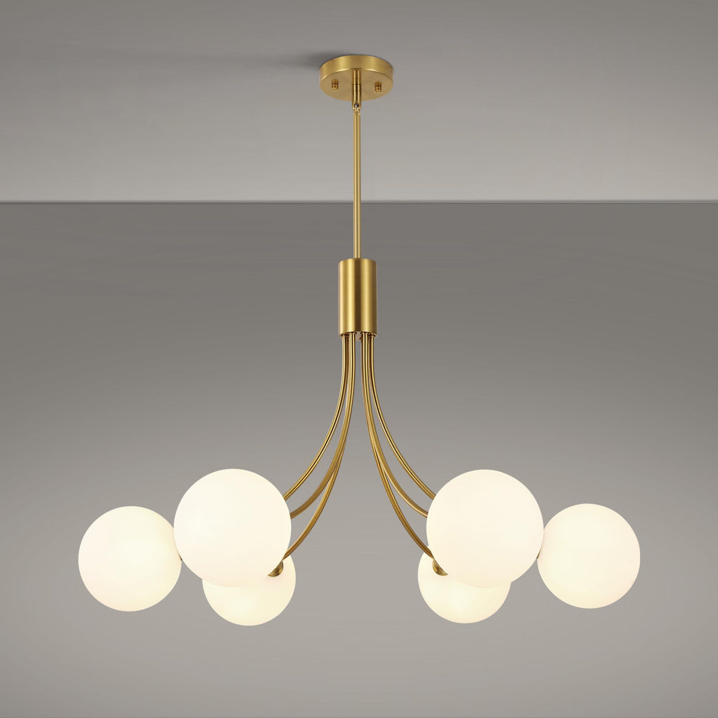 Xeruyiwa 6-Light Modern Gold Sputnik Chandelier Mid Century Brushed Brass Light Fixture with Milk Glass Globes for High Ceiling Dining Room Kitchen Island Living Room