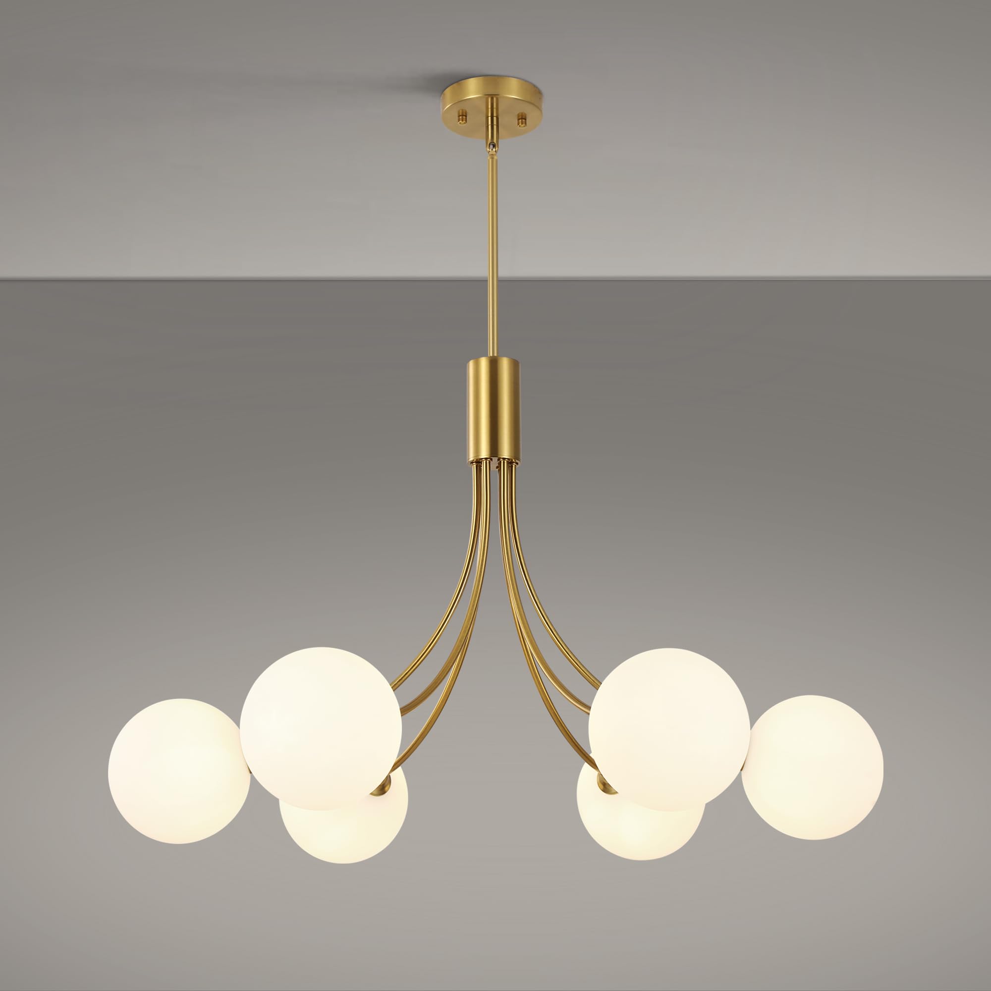 Xeruyiwa 6-Light Modern Gold Sputnik Chandelier Mid Century Brushed Brass Light Fixture with Milk Glass Globes for High Ceiling Dining Room Kitchen Island Living Room
