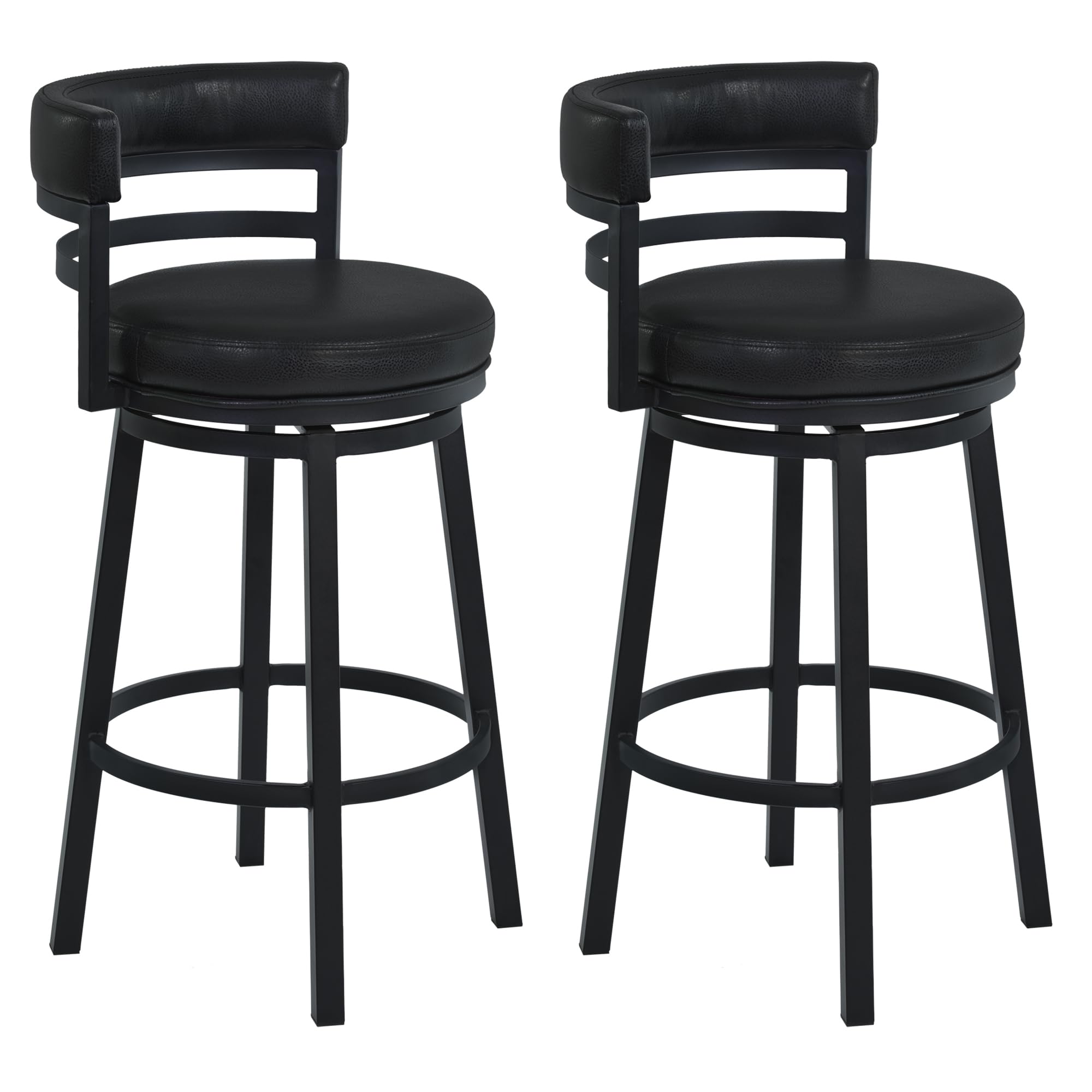 Armen Living Madrid 26" Seat Height Swivel Modern Ford Black Faux Leather and Black Finish Bar Stool for Kitchen Island Counter, Set of 2