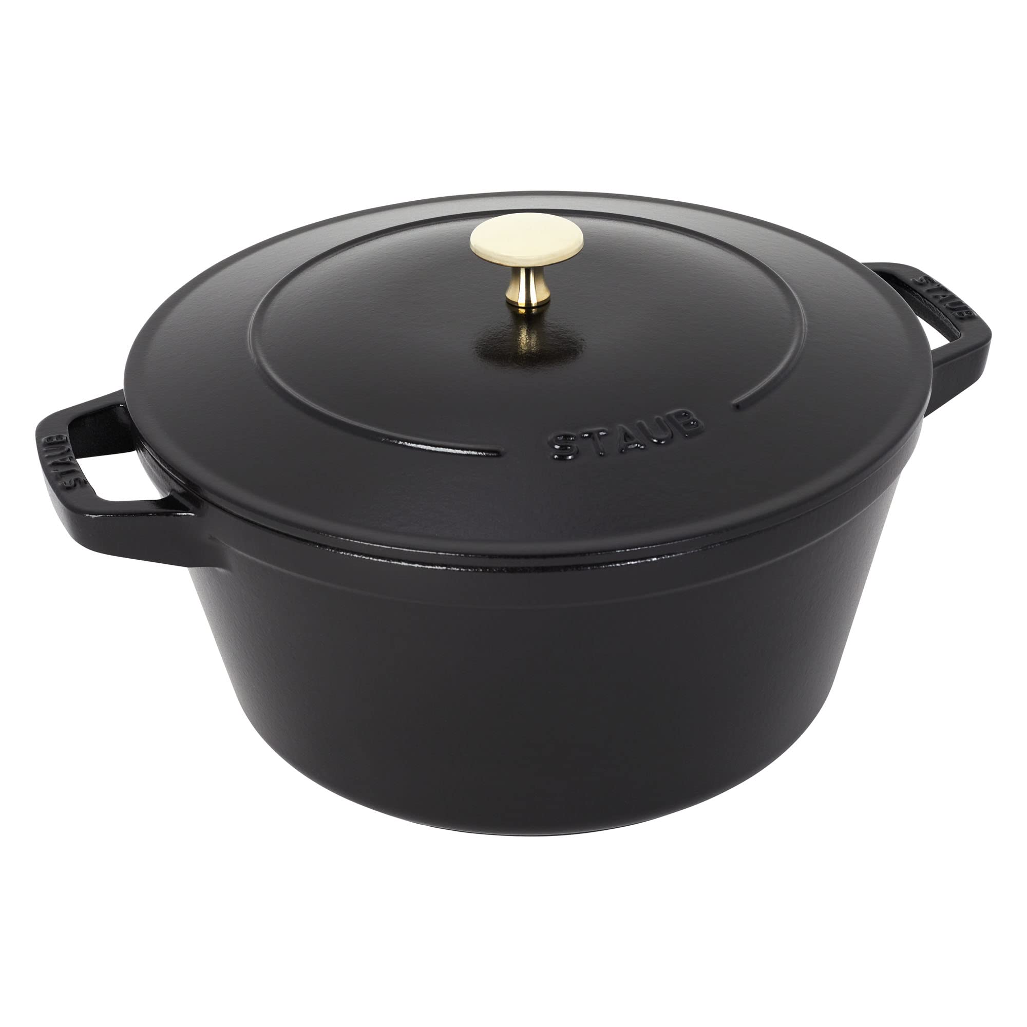 STAUB Cast Iron Set 4-pc, Stackable Space-Saving Cookware Set, Dutch Oven, Skillet, Grill Pan with Universal Lid, Made in France, Matte Black