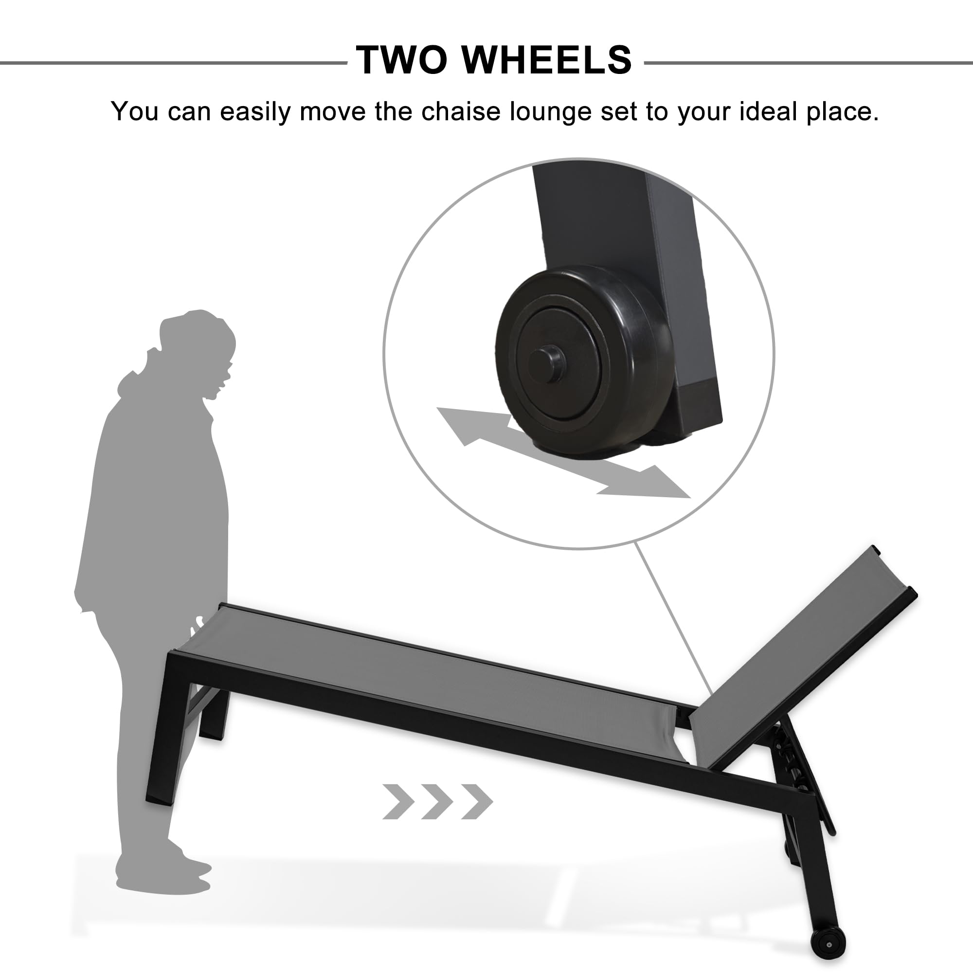 PURPLE LEAF Outdoor Chaise Lounge with Wheels for Outside 2 Pieces Aluminum Patio Lounge Chair with 5 Adjustable Position Sunbathing for Patio, Beach, Yard, Pool, Side Table Included, Grey