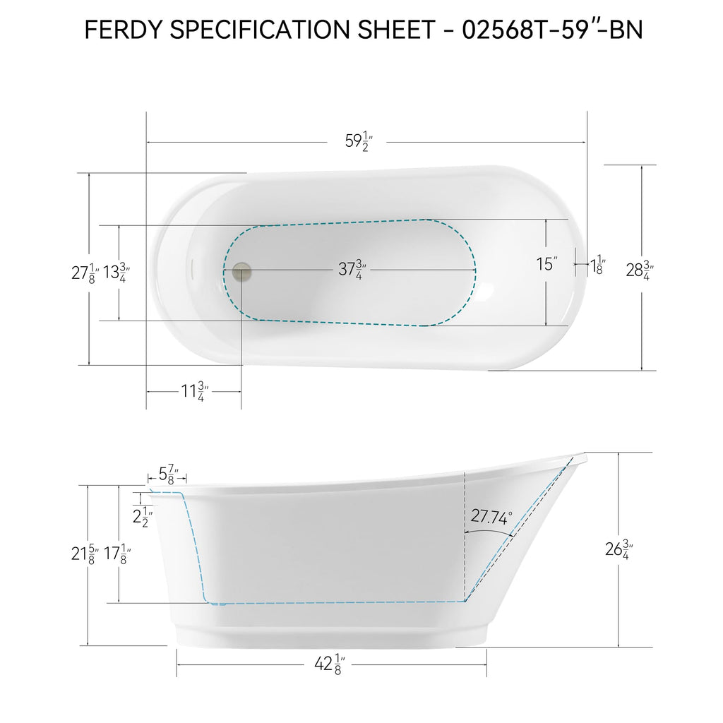 FerdY Langkawi 59" Acrylic Freestanding Bathtub, White Modern Stand Alone Soaking Bathtub, cUPC Certified, Brushed Nickel Drain and Minimalist Linear Design Overflow Included, Easy to Install