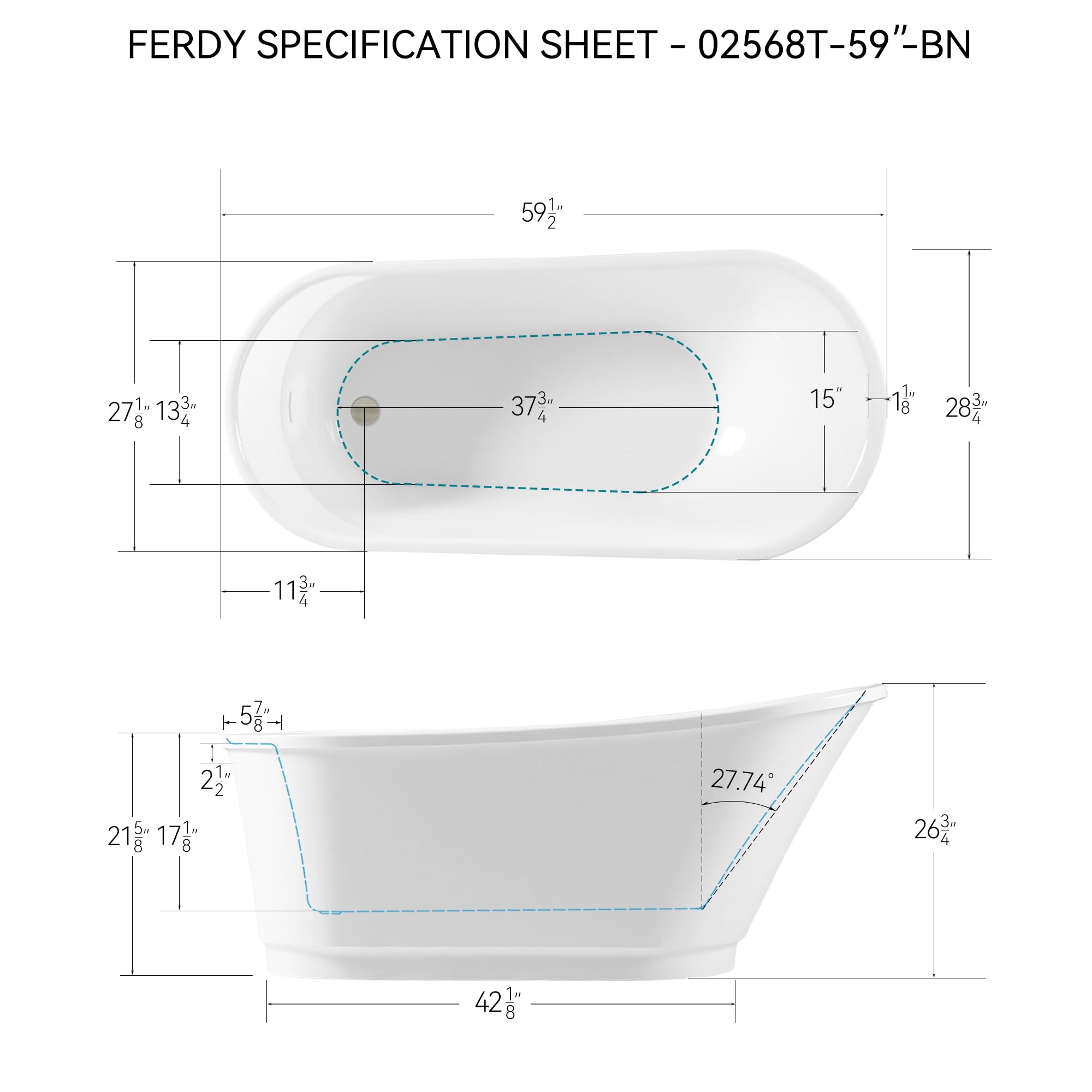 FerdY Langkawi 59" Acrylic Freestanding Bathtub, White Modern Stand Alone Soaking Bathtub, cUPC Certified, Brushed Nickel Drain and Minimalist Linear Design Overflow Included, Easy to Install