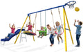 JYGOPLA Metal Swing Sets for Backyard, 5-in-1 Kids Swing Set Slide Combo with Saucer Swings, Baby Safety Swing & Basketball Hoop for Ages 3-12