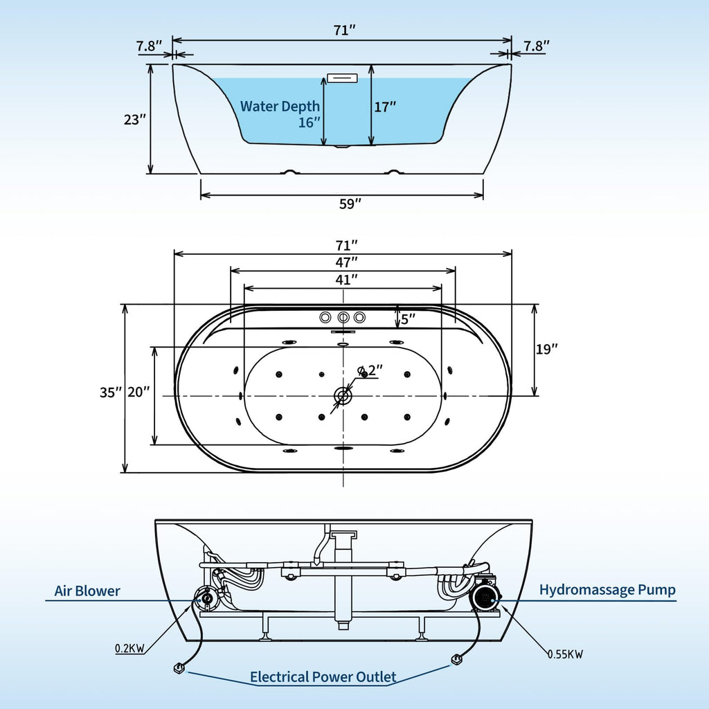 Jet Massage Freestanding Bathtub 71 inch Acrylic Soaking Tub with Bubble Jets and Manual Air Adjustment, Home Spa Bath for Relaxing Deep Water Massage