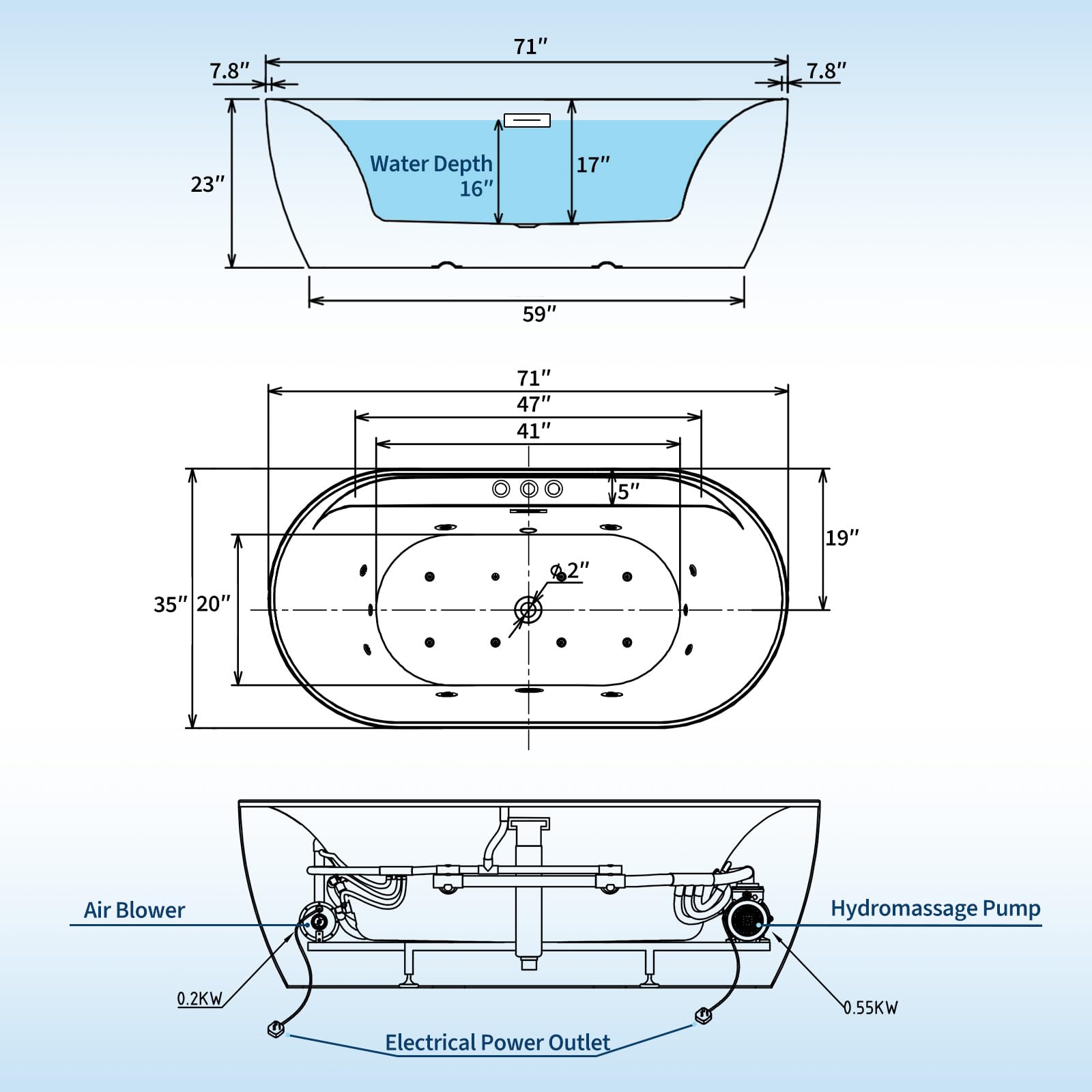 Jet Massage Freestanding Bathtub 71 inch Acrylic Soaking Tub with Bubble Jets and Manual Air Adjustment, Home Spa Bath for Relaxing Deep Water Massage