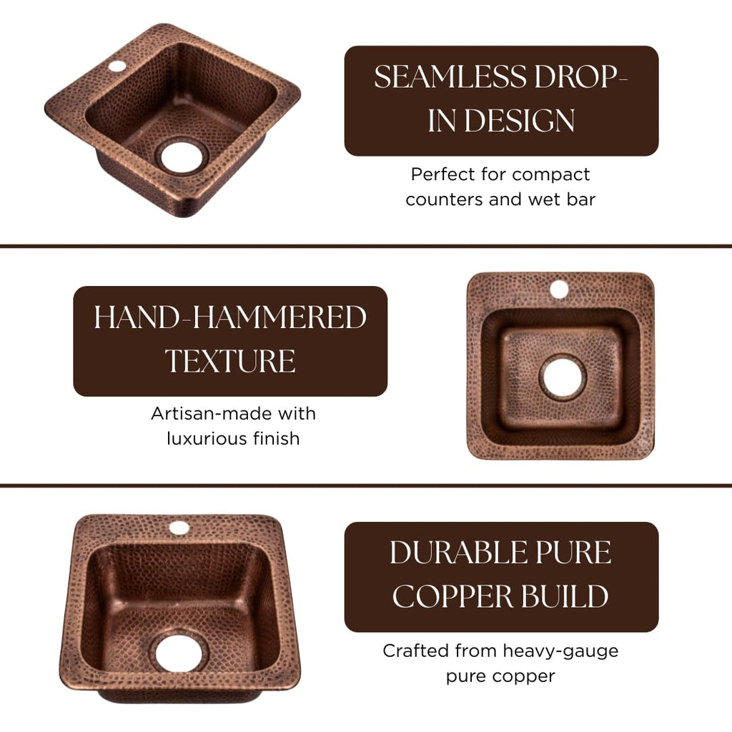 Monarch Abode Kitchen & Bar Sink – 15-inch Baxter Drop in Small Bar Sink, Hand Hammered Pure Copper Sinks with Faucet Hole for Wet Kitchens, Decorative Kitchen Sinks, Single Drop in RV Sinks