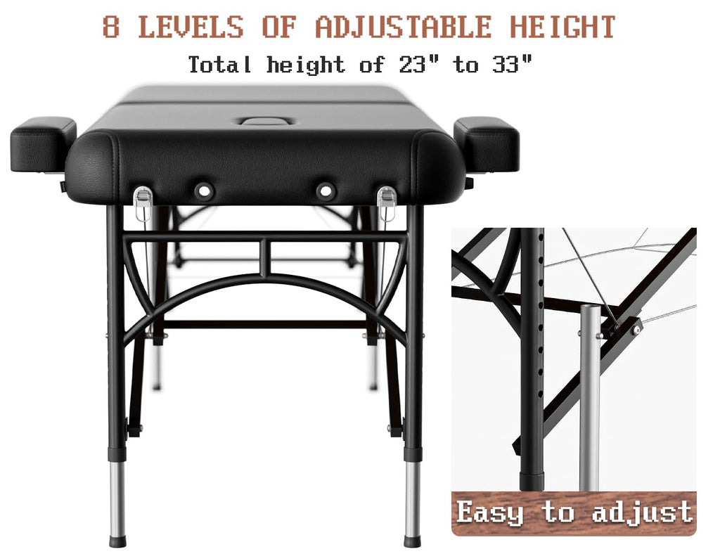 DOVANS Professional Massage Table Portable 2 Fold Premium Memory Foam Aluminium Leg Hold Up to 1100LBS 8 Heights Adjustable with Carrying Bag Black