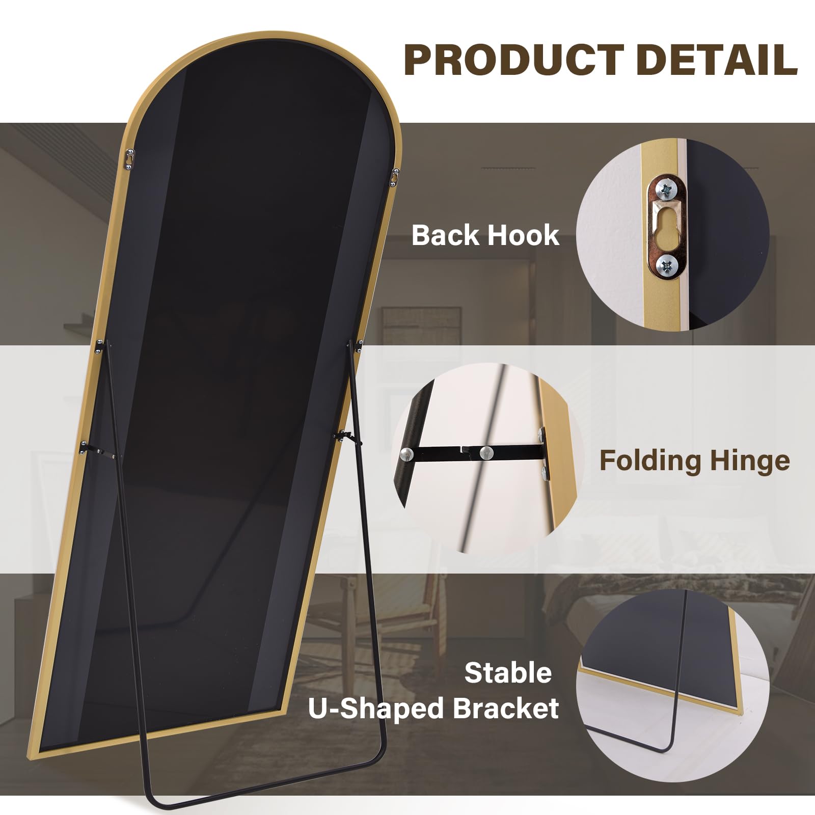 XRAMFY 86"x40" Arched Full Length Mirror Floor Mirrors with Aluminum Alloy Frame Free-Standing Wall Mounted Floor Mirrors or Large Dressing Mirror, Gold Mirror Full Length