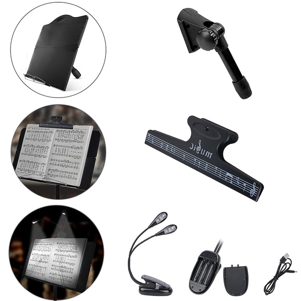 icVantA Portable Music Stand, Sheet Music Stand with Bag & Light, with Folding Tray, Stable, Height Adjustable, Bearing 4kg, for Instrumental Performance & Band & Travel, Easy to Install